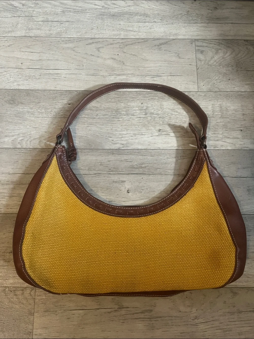 Relic Basket Weave Hobo Purse Mustard Yellow Brown Leather Trim Shoulder Bag